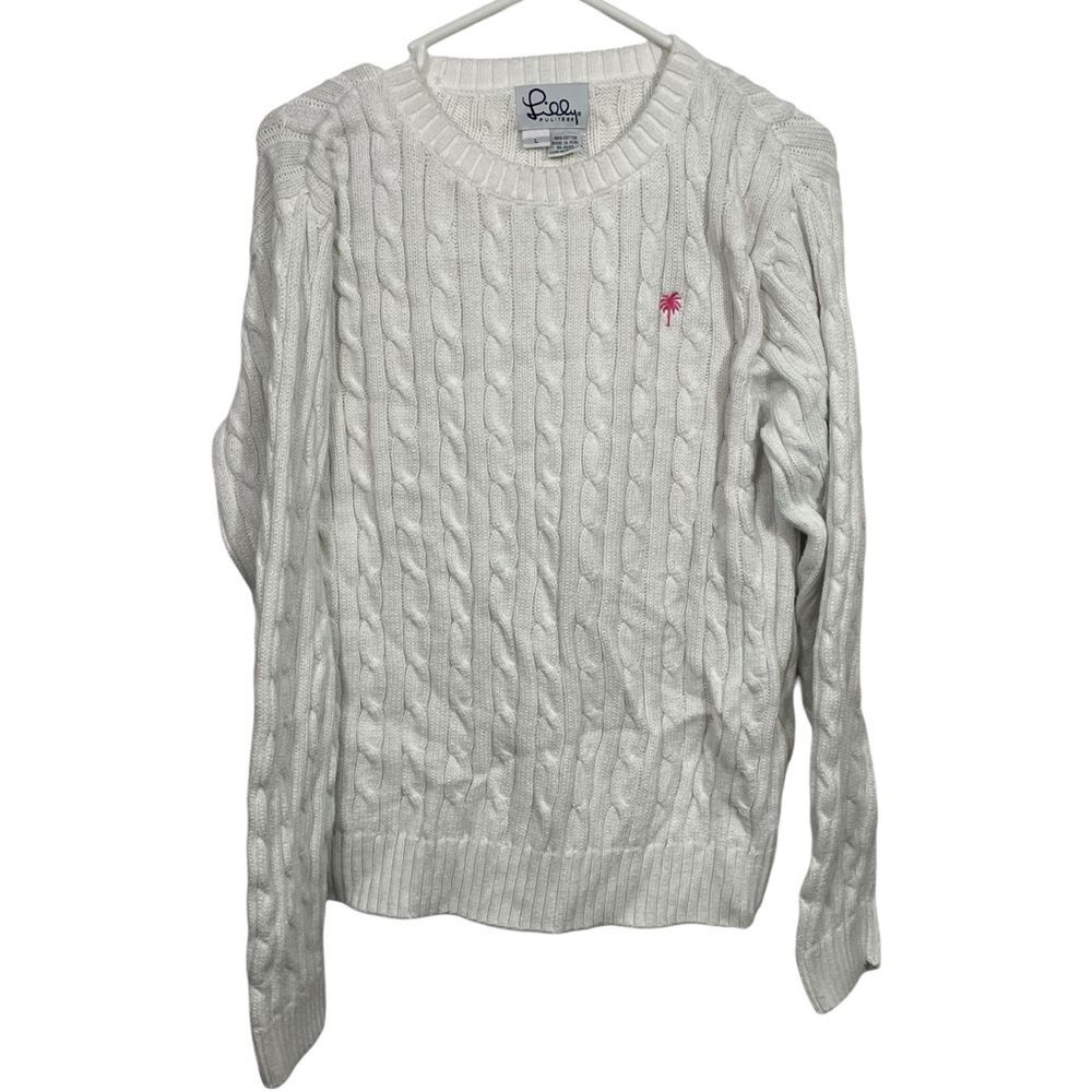 Lilly Pulitzer White Chunky Cable Knit 100% Cotton Crewneck Sweater